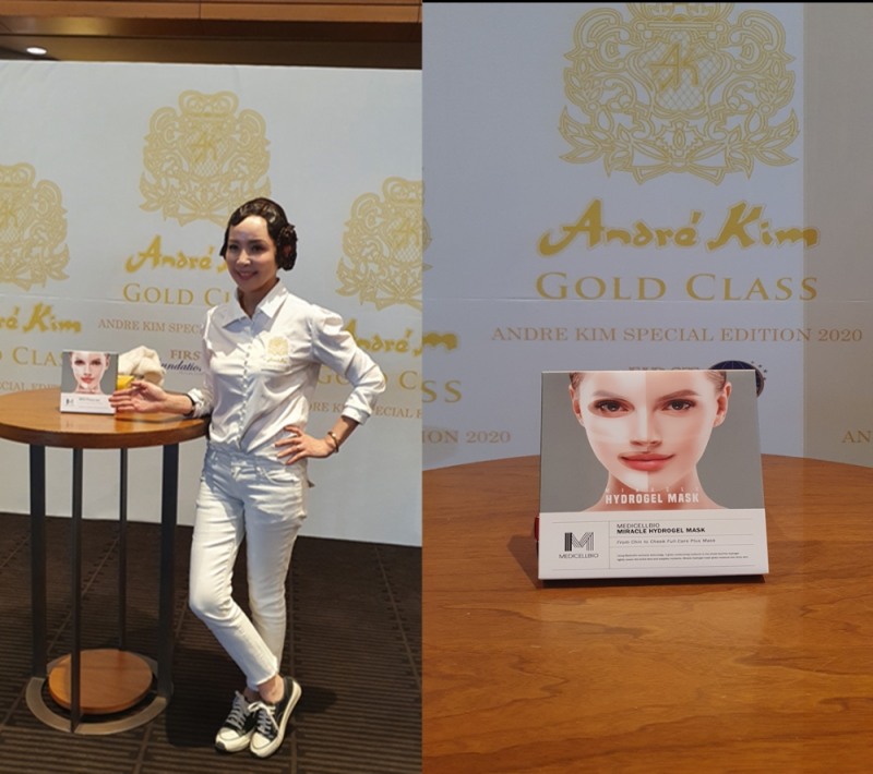 사진=메디셀바이오의 주력상품인 미라클 하이드로겔 마스크팩으로 메디셀바이오에서 앙드레김 패션쇼의 메인상품으로 선정하여 모델과 같이 사진촬영 중이다.