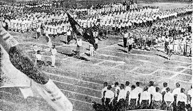 1946년 10월 15일부터 20일까지 5일동안 서울운동장에서 열린 조선옮림픽대회 입장식 모습. [사진 경향신문 캡쳐]