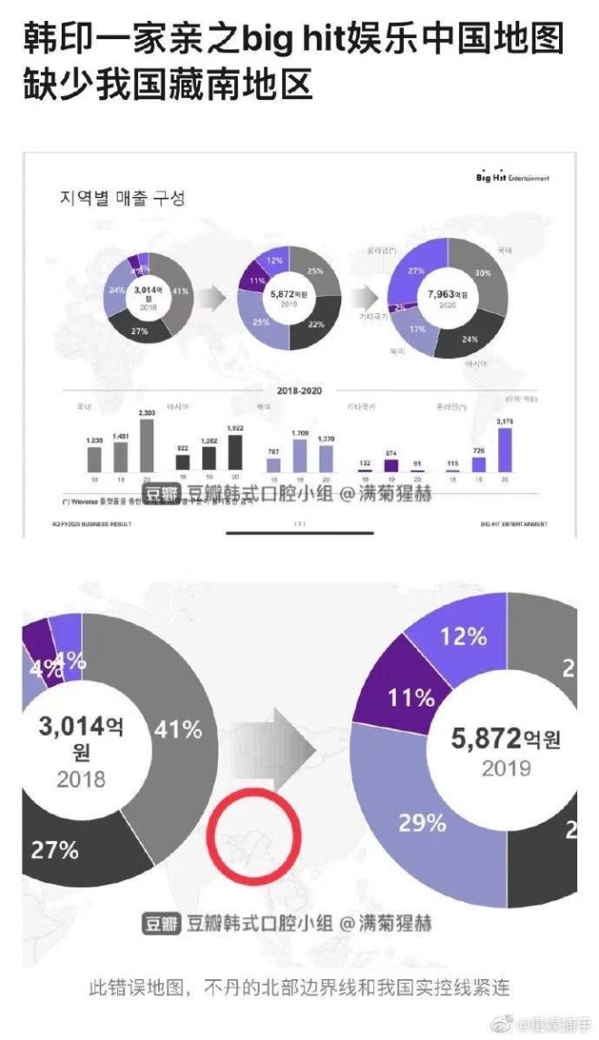 중국 누리꾼이 BTS 실적 보고서의 지역별 매출 현황에서 지도 표기가 잘못됐다며 해당 부분을 빨갛게 표시했다. / 사진제공=웨이보