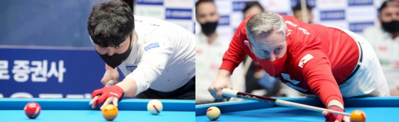 16강에 동반진출한 강민구(왼쪽)와 레펜스(사진=PBA제공)