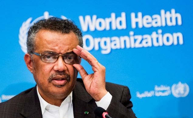 테워드로스 아드하놈 거브러여수스 세계보건기구(WHO) 사무총장이 지난 1월11일 스위스 제네바에서 기자회견을 하고 있다.
