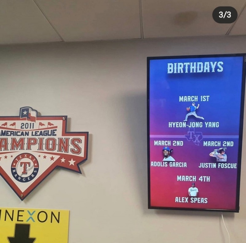 미국프로야구 텍사스 레인저스에서 메이저리그(MLB) 진입에 도전하는 좌완 투수 양현종이 2일 자신의 SNS에 구단이 마련한 '생일 알림' 화면을 공개했다. 디지털 '생일 게시판' 맨 위에는 양현종의 생일 '3월 1일'이 표시돼 있다. 2021.3.2 [양현종 인스타그램 캡처]