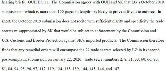 LG는 영업비밀이 침해당했다는 100페이지 분량 문건을 제출했으나, 나중에 22개로 줄였다고 명시하고 있음