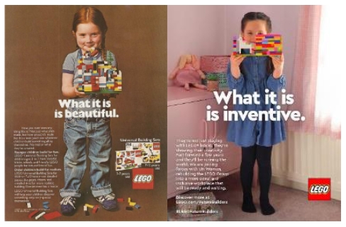  레고그룹 1981년도 양성평등 광고(좌), 2021년 ‘세계 여성의 날’ 기념 캠페인 포스터(우)