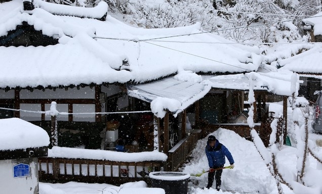 대설경보가 내려진 2일 오전 시민이 강원도 강릉 노암동의 한 주택에서 밤새 쌓인 눈을 치워 통행로를 만들고 있다.