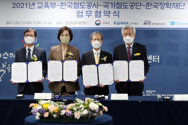 김한영 국가철도공단 이사장(좌측 3번째), 유은혜 사회부총리 및 교육부장관(좌측 2번째), 손병석 한국철도공사 사장(좌측 1번째), 이정우 한국장학재단 이사장(좌측 4번째) / 국가철도공단