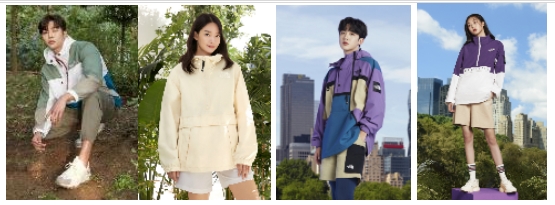 '뉴 마운틴 아노락', ‘스터닝 아노락’, ‘스팁 아노락’ 및 ‘올레마 아노락’ 착장컷(노스페이스 홍보대사 로운, 신민아, 김요한 및 문강은, 좌측부터)