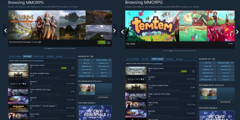 검은사막이 스팀 내 (왼쪽)MMORPG 판매 순위(Top Sellers)와 (오른쪽) 인기 순위(Whats Popular)에서 모두 1위를 차지했다.(사진=펄어비스)