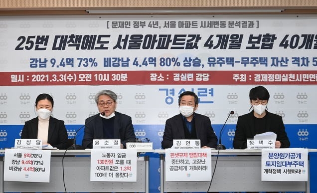 경제정의실천시민연합이 3일 서울 경실련 강당에서 문재인 정부 4년여간 부동산 대책 및 서울 아파트단지의 월별 시세변화에 대한 분석결과를 발표하는 기자회견을 하고 있다. 왼쪽부터 경실련 김성달 부동산걸설개혁본부 국장, 윤순철 사무총장, 김헌동 부동산건설개혁본부 본부장, 정택수 부동산걸설개혁본부 팀장. (공동취재사진)