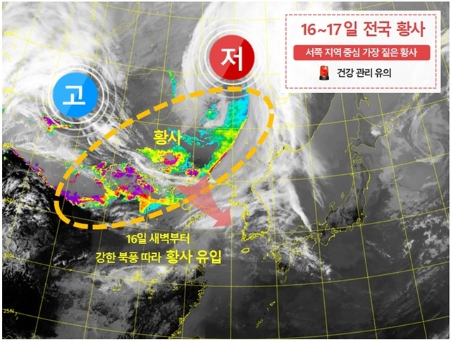 15일 천리안 2A호를 통해 탐지된 황사 현황과 주변 기압계 모식도 2021.3.15. (사진 = 기상청 제공)
