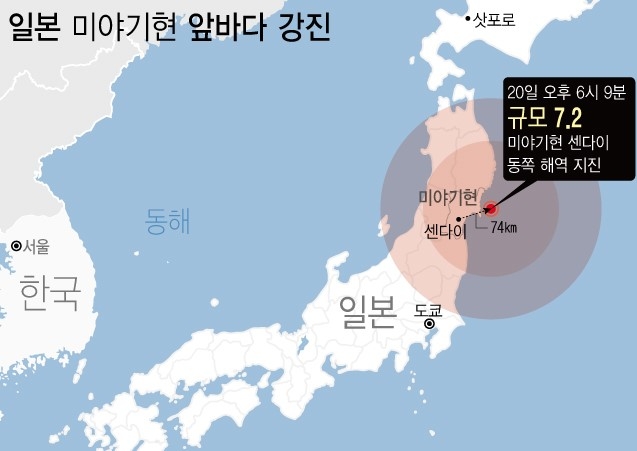 기상청에 따르면 20일 오후 6시 9분 미야기현(혼슈) 센다이 동쪽 74㎞ 해역에서 규모 7.2 지진이 발생했다. 자료=기상청