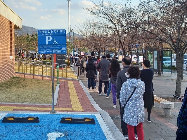 지난 22일 오후 경산보건소앞 코로나19 검사 대기 행렬.