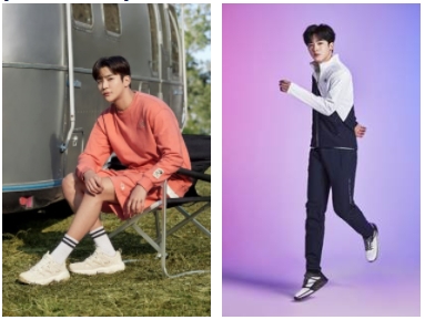 '헥사 트리플’을 착용한 노스페이스 홍보대사 로운(왼쪽), ‘인피니티 벡’을 착용한 노스페이스 홍보대사 김요한