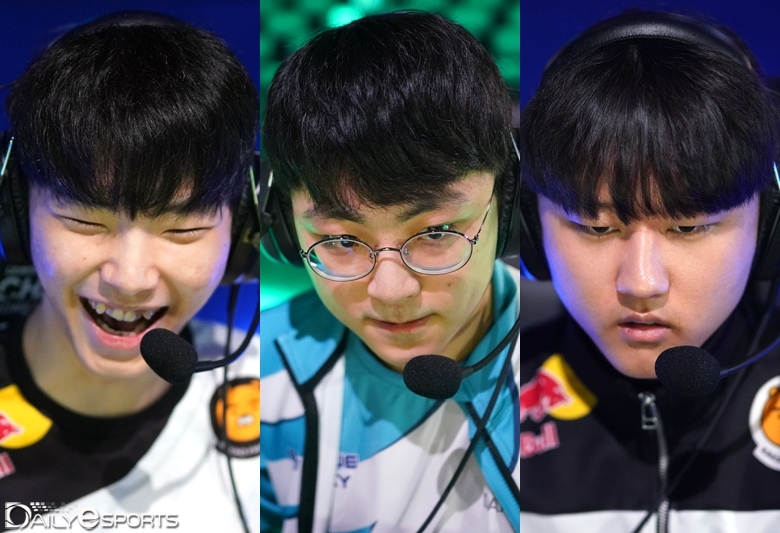 왼쪽부터 한화생명e스포츠 미드 라이너 '쵸비' 정지훈, 담원 기아 미드 라이너 '쇼메이커' 허수, DRX 정글러 '표식' 홍창현.