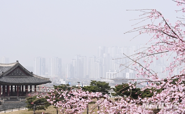 전국 대부분 지역에 미세먼지와 황사가 '나쁨' 수준을 보인 29일 오후 경기도 수원시 팔달구 수원화성 창룡문에서 바라본 도심이 뿌옇게 보이고 있다.