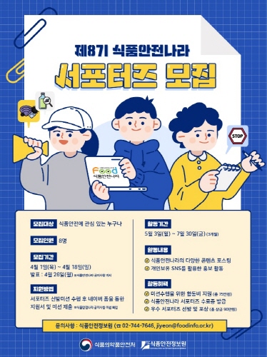 식약처, 제8기 식품안전나라 서포터즈 모집