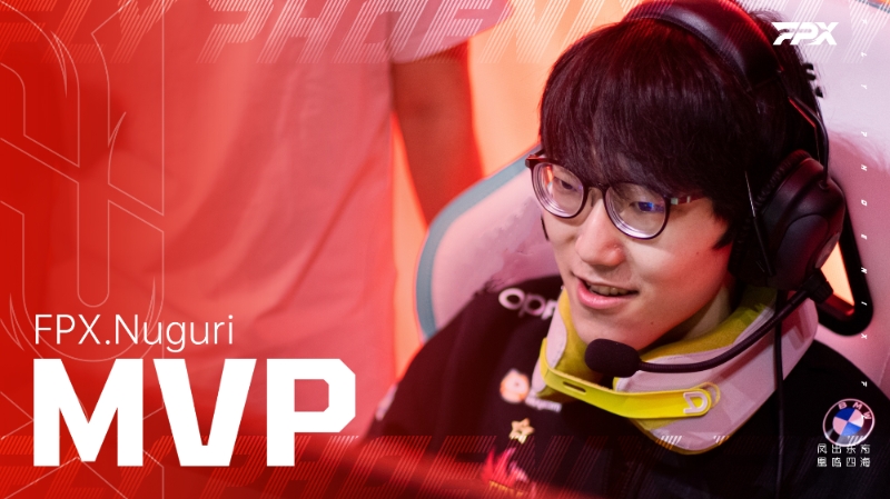 RNG와의 플레이오프 4라운드 2, 3세트에서 MVP를 받은 '너구리' 장하권(사진=FPX 공식 SNS 발췌).