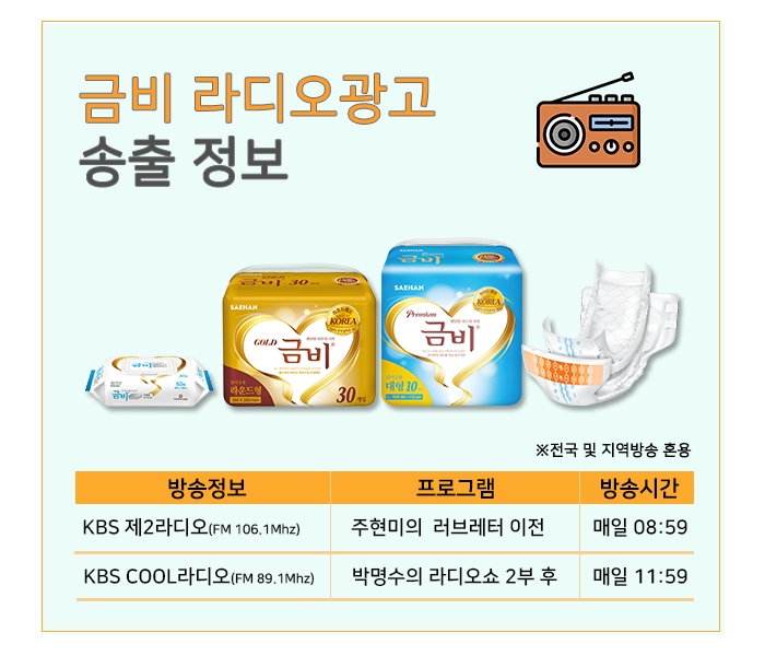 새 광고 공개하는 성인용기저귀 금비, 전국 라디오에 CM송 송출