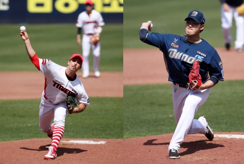 광주경기에서 선발 맞대결을 벌인 KIA 멩덴(왼쪽)과 NC 송명기