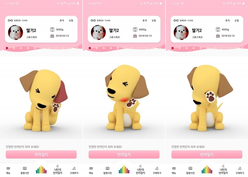 반려동물의 외형상태 검사결과(눈/치아/귀/피부)를 메인화면의 3D 캐릭터(아바타)로 표현