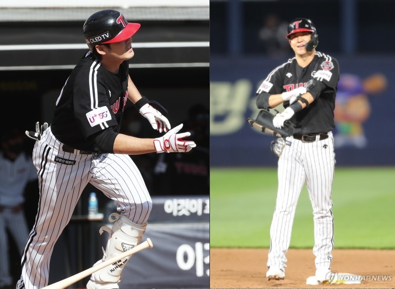 천적인 키움의 에릭 요키시를 무너뜨리는 홈런을 날린 이형종(왼쪽)과 김민성