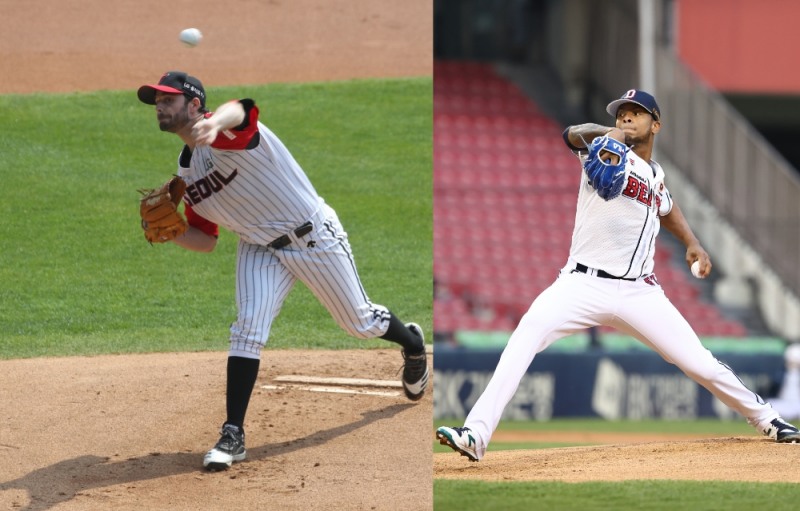 LG와 두산이 올시즌 처음으로 맞붙는 잠실 대회전에서 승부를 키를 쥔 LG의 앤드류 수아레즈(왼쪽)와 두산의 아리엘 미란다