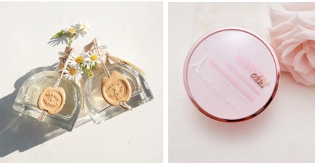 사진 : (좌)니콜로지 크리에이션 디퓨저 (우)쌍빠 어딕트 핑크 톤업 선쿠션