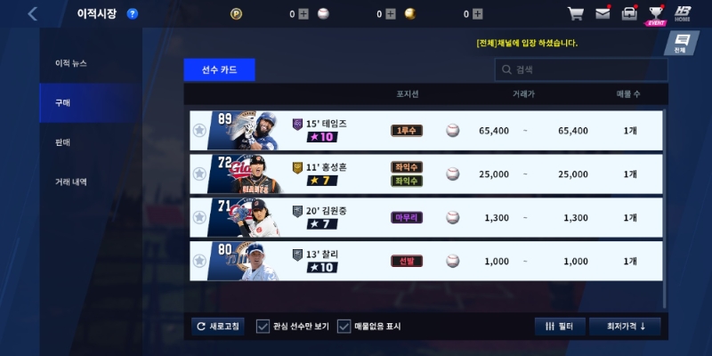 EX 등급 2015년도 NC 다이노스 테임즈는 높은 가격에 거래되고 있다.