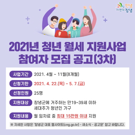 창녕군, 2021년 청년 월세 지원사업 대상자 추가 모집