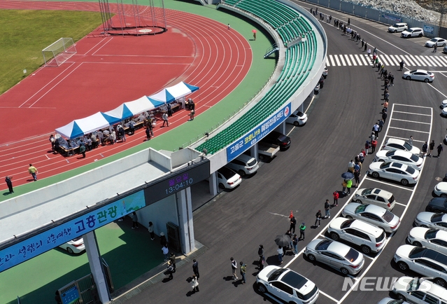 3일 오후 전남 고흥군 고흥읍 공설운동장에 설치된 임시선별검사소에서 방역당국이 주민을 대상으로 코로나19 전수검사를 하고 있다. 이 지역에서는 전날부터 공무원 등 15명의 확진자가 발생헀다.