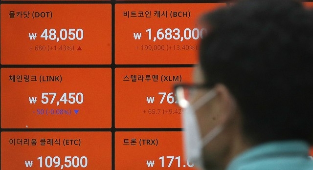 6일 오전 서울 강남구 암호화폐 거래소 빗썸 강남 고객센터 전광판에 이더리움 클래식 등 암호화폐 시세가 표시돼 있다.
