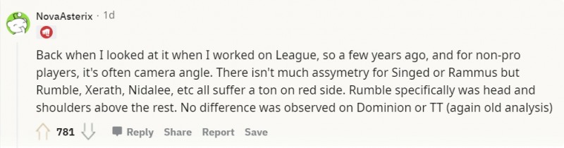 라이엇 게임즈 분석가 노바아스테릭스는 지난 24일 커뮤니티를 통해 블루 진영의 이점에 대해 설명하는 댓글을 남겼다(사진=레딧 발췌).