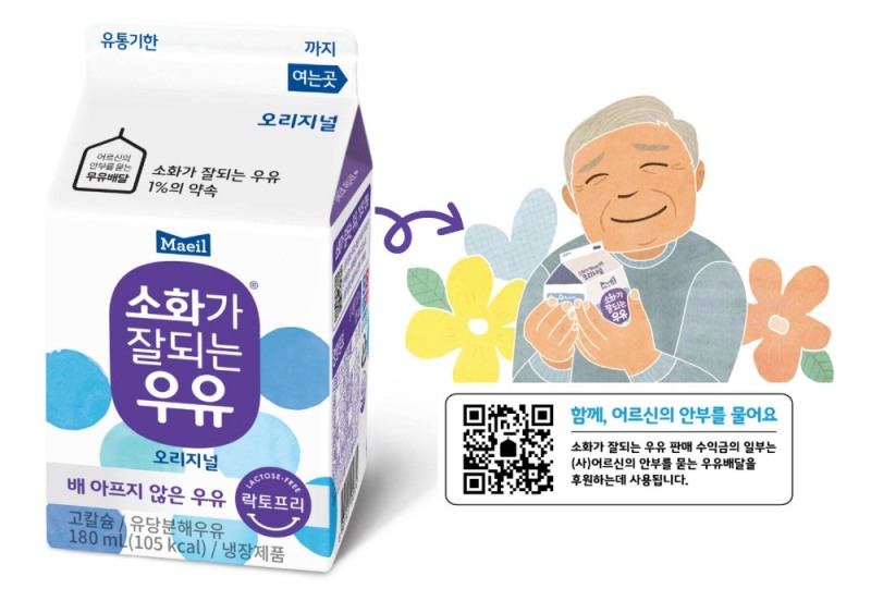 소화가잘되는우유 제품에 표기된 (사)어르신의 안부를 묻는 우유배달 후원 내용