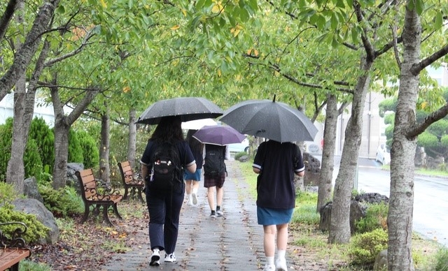 제주시 중앙여자고등학교에서 학생들이 우산을 쓰고 교실로 향하고 있다.