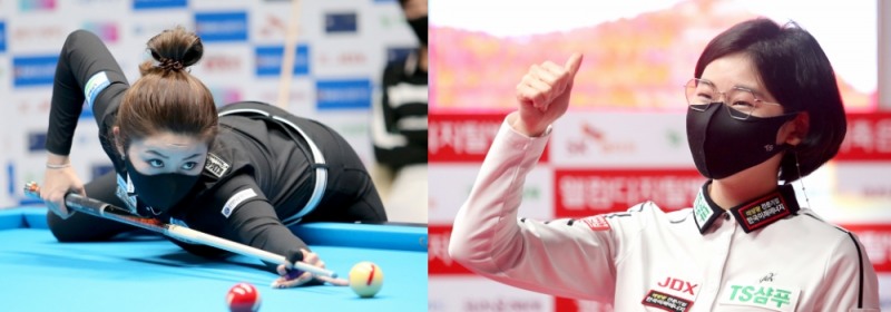 조 1위로 32강에 오른 김가영(왼쪽), 이미래(사진=PBA제공)