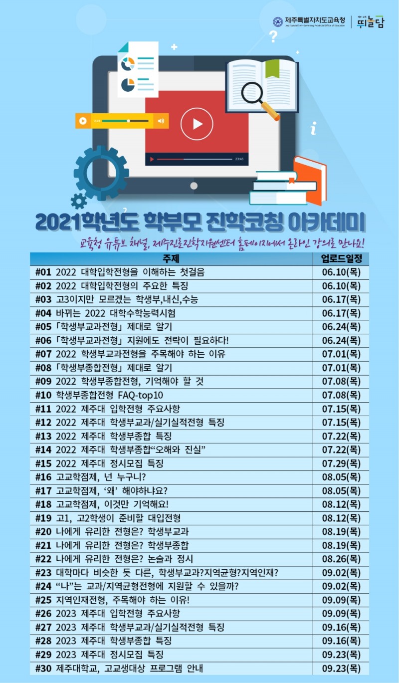 제주도교육청, 2021학년도 학부모 진학코칭 아카데미 유튜브 운영