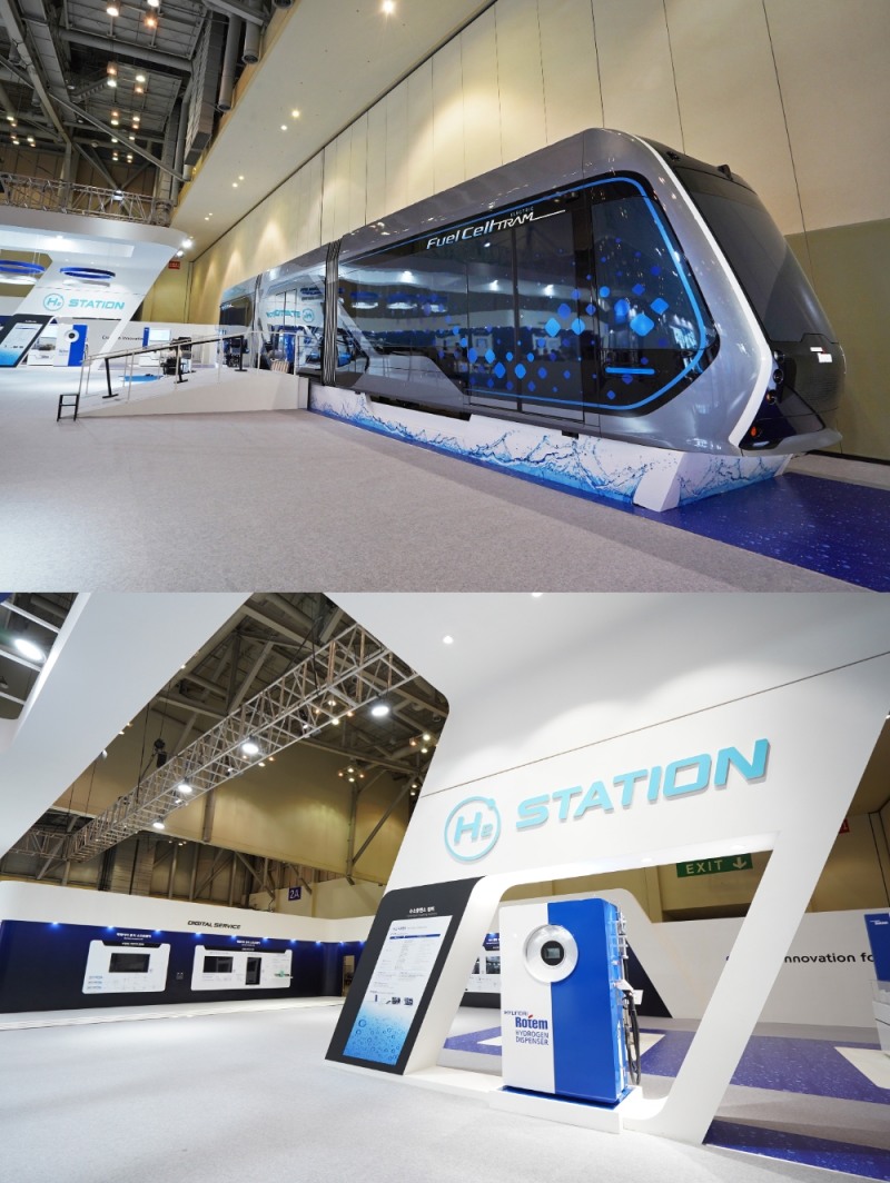 사진설명 = 위 수소전기트램 콘셉트 차량, 아래 현대로템 수소 디스펜서 실물 / 사진제공 = 현대로템