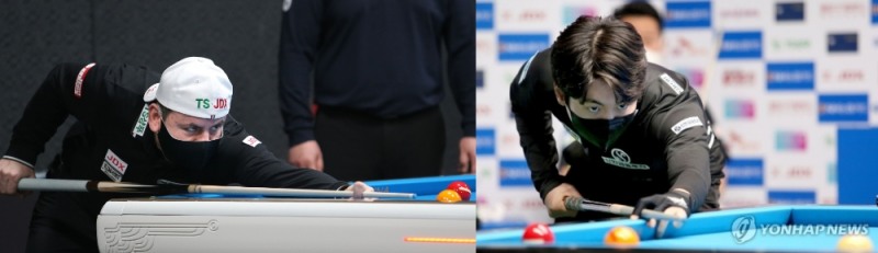 첫 판 탈락의 고배를 든 모랄레스(왼쪽)와 신정주(사진=PBA제공