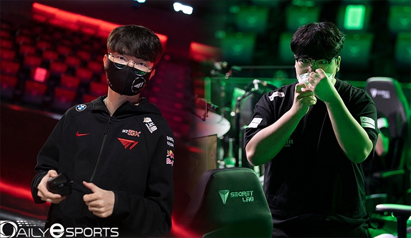T1 '페이커' 이상혁(왼쪽)과 프레딧 브리온 '라바' 김태훈.
