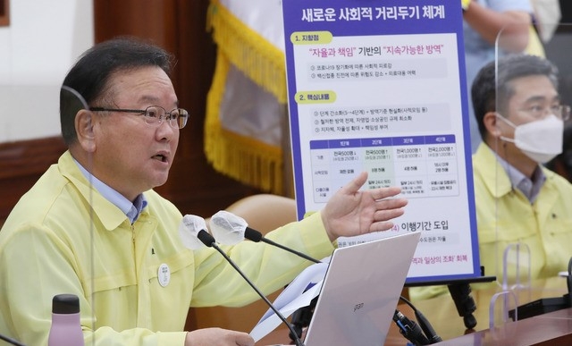 김부겸 국무총리가 20일 오후 서울 종로구 세종대로 정부서울청사에서 열린 코로나19 중앙재난안전대책본부 회의에서 새로운 사회적 거리두기 체계를 발표하고 있다. (공동취재사진).