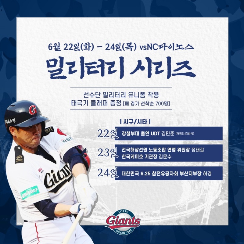 프로야구 롯데, 22~24일 홈 3연전에 6.25전쟁 71주년을 맞아 다양한 '밀리터리 시리즈' 진행
