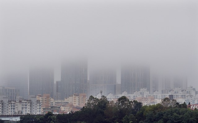 중부지방을 중심으로 매우 많은 비가 내린 6일 오전 인천시 송도국제도시가 짙은 안개로 덮여 있다.