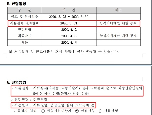 채용공고문에 서류심사를 공고한 A지사. /자료=2020년 3월 23일 A지사 채용공고 내용 중.