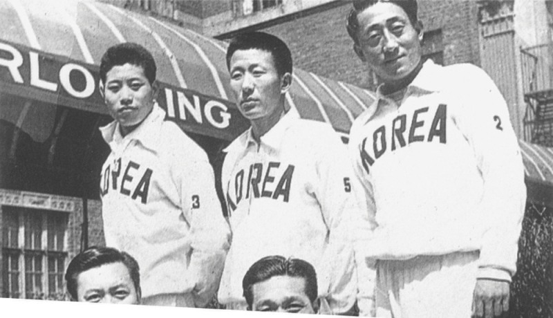 1950년 보스턴마라톤에서 1~3위를 차지한 함기용 송길윤 최윤칠(왼쪽부터)