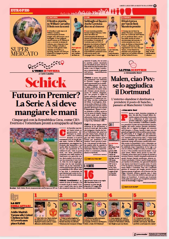 토트넘이 패트릭 쉬크에 눈독을 들이고 있다는 보도를 한 가베타 데요 스포르트.