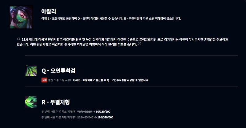 아칼리 패치 내용(사진=공식 리그 오브 레전드 홈페이지 발췌).
