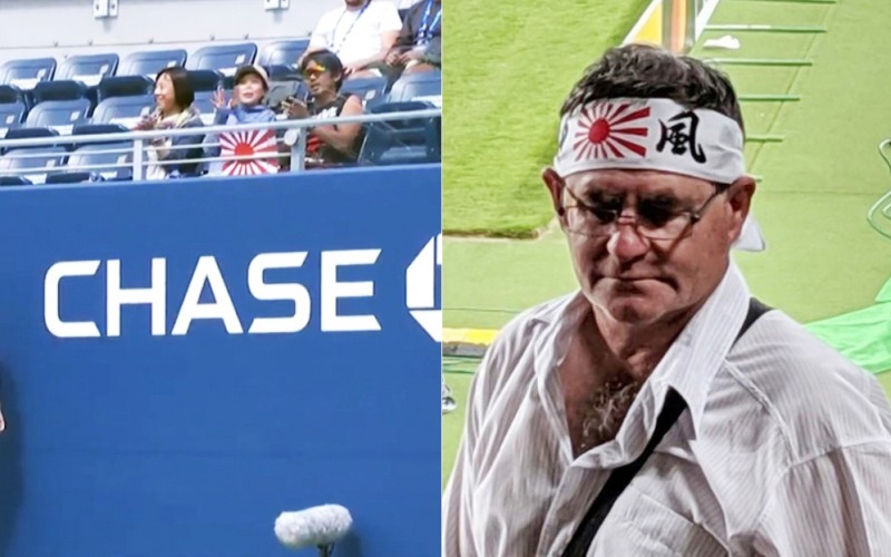 2019년 US오픈 테니스 대회때 욱일기 응원을 펼치는 관중(좌), 2019년 럭비 월드컵때 욱일기 머리띠 응원을 하고 있는 관중(우)