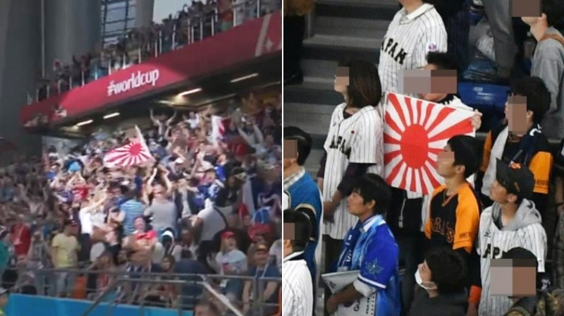 2019년 US오픈 테니스 대회때 욱일기 응원을 펼치는 관중(좌), 2019년 럭비 월드컵때 욱일기 머리띠 응원을 하고 있는 관중(우)