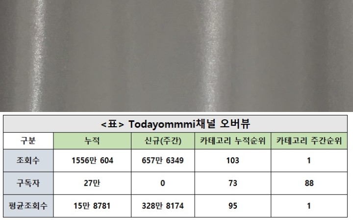 Todayommmi채널, 29주차 주간조회수 657만…V로그/일상/소통 인기 1위