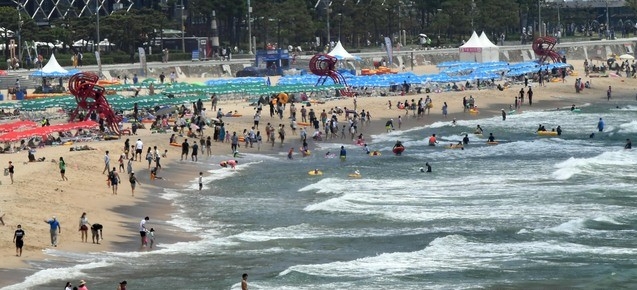 부산지역에 사흘째 폭염주의보가 발효 중인 11일 해운대해수욕장을 찾은 시민과 관광객들이 물놀이를 즐기고 있다.